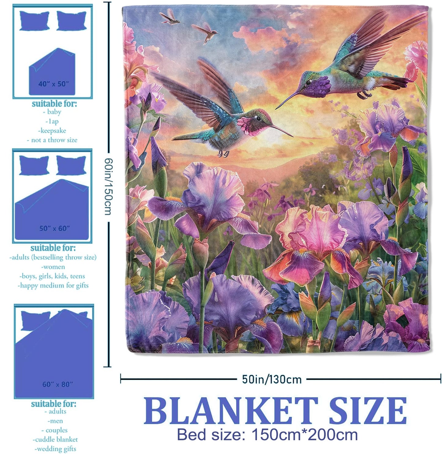 Plistiz Floral Hummingbird Throw Blanket for Women Girls Boys, Soft Flannel Blankets Gifts for Living Room Couch, Home, Sofa Decor, 50"x60"