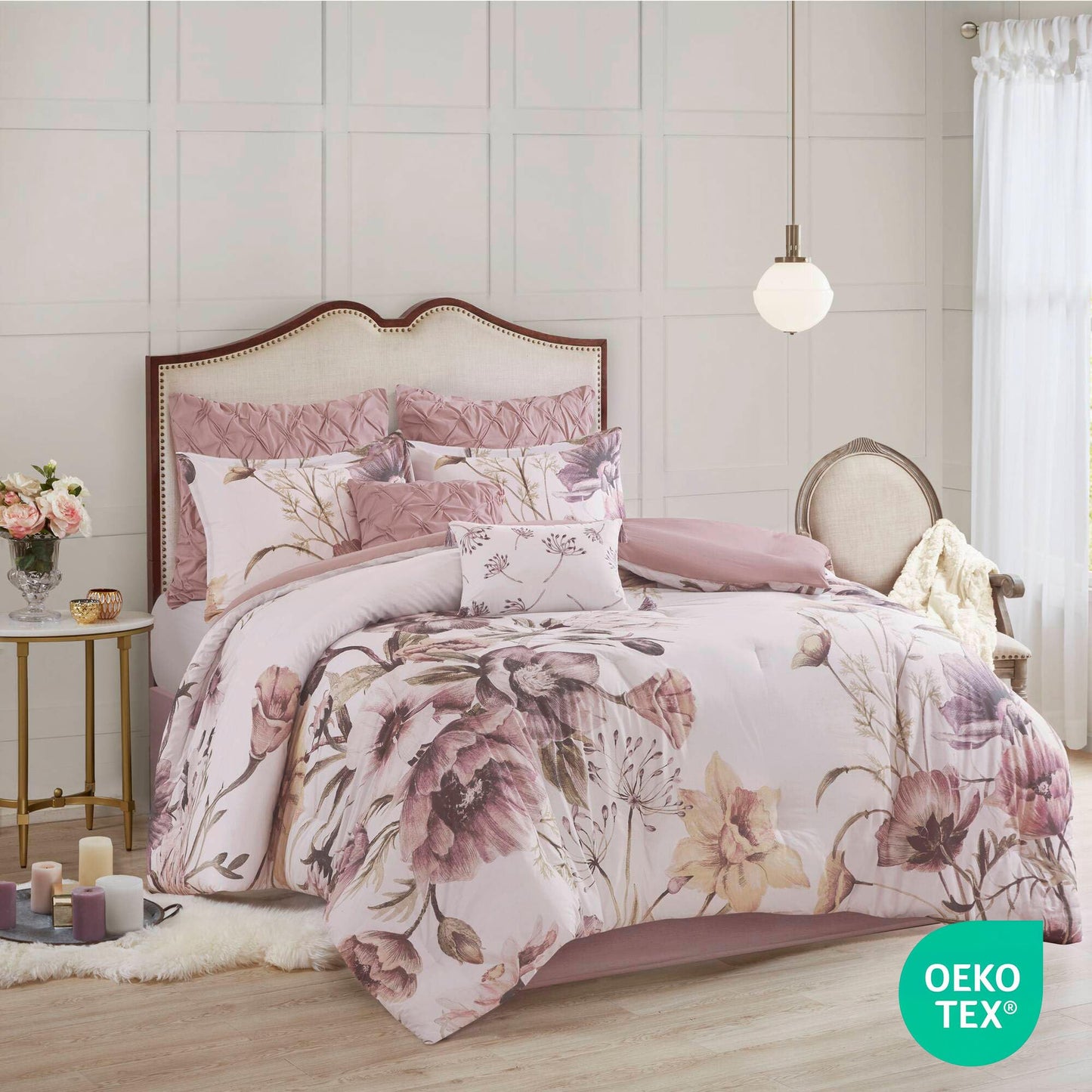 Madison Park Floral Queen Comforter Set, Cotton Rich Bedding Set Feminine Design Shabby Chic Queen Size Comforter Sets, All Season Bed Cover with Shams, Bed Skirt, Décor Pillow, Blush 8 Piece