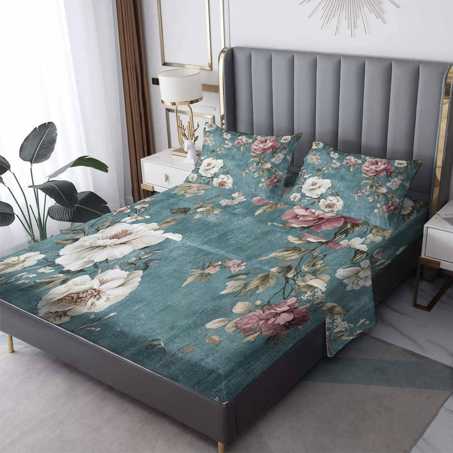 NOGAWA Rustic Flower Sheets Queen, Floral Blue Bed Sheets, Deep Pocket & Soft Microfiber Bedding Sheets & Pillowcases 4 Piece - Fitted Sheet & Flat Sheet & 2 Pillow Cases