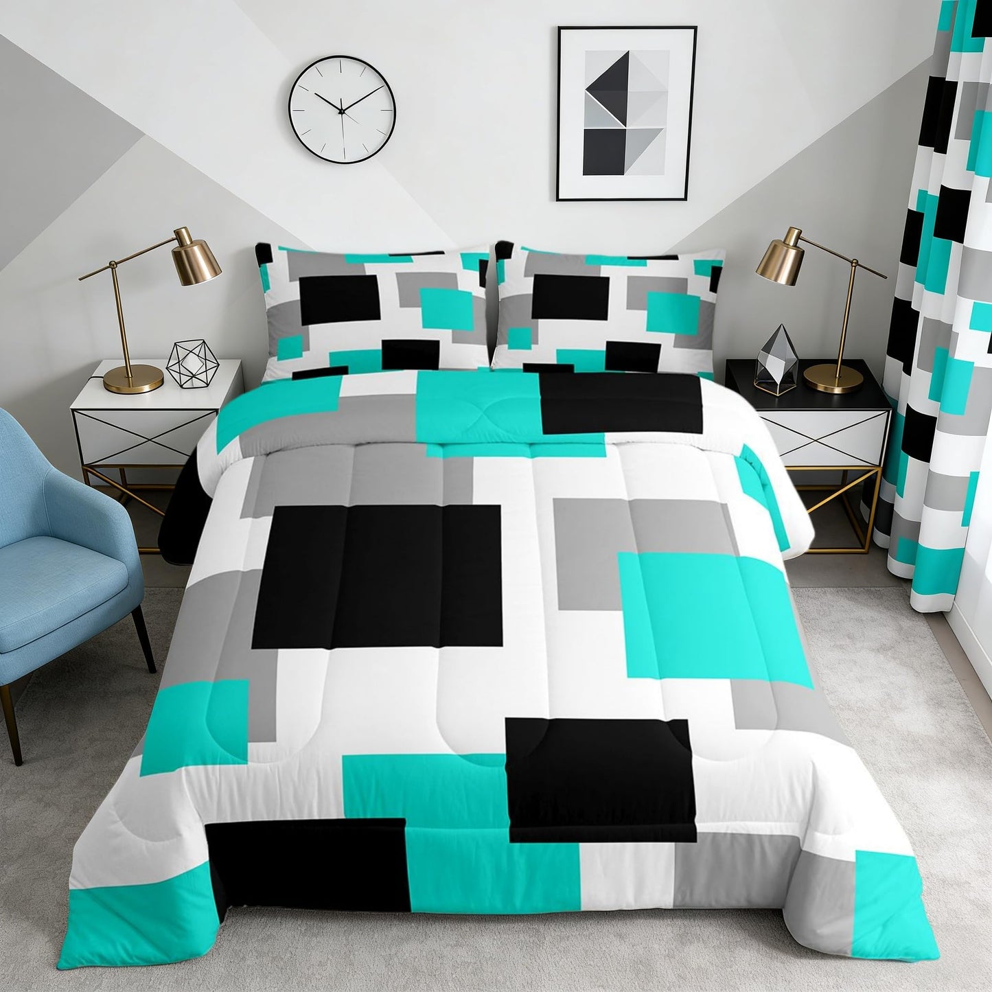 Castle Fairy Teal Grid Comforter Set Queen Size,Black Grey Geometric Down Alternative Adults Room Decor,Modern Abstract Square Splicing Ultra Soft Microfiber Inner Fill 3Pcs Bedding