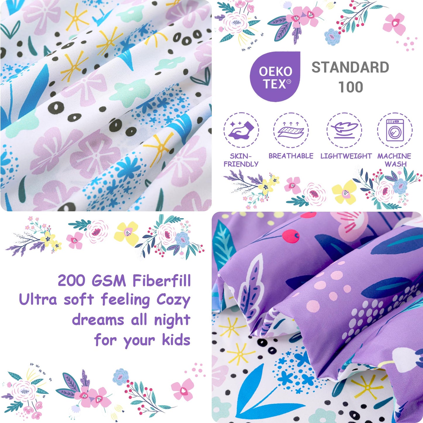 Mooreeke 4 Pieces Toddler Bedding Set - Purple Floral Toddler Comforter Sets for Girls, Includes Comforter, Flat Sheet, Fitted Sheet and Pillowcase, Bed in A Bag for Baby Bedroom