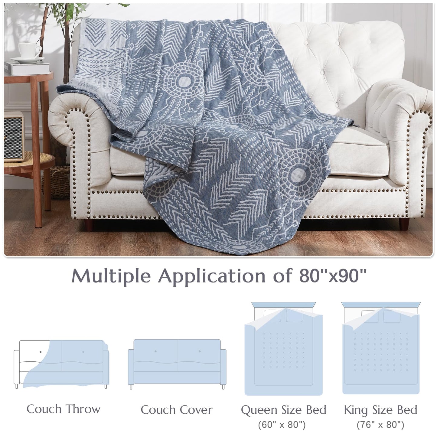 jinchan Boho 100% Cotton Muslin Blanket 3-Layer Queen Size 80x90 Inches Geometric Blue Lightweight Reversible Soft Cozy Comfy Throw for Couch Sofa Bed Coverlet Quilt Large Blanket Bedroom All Seasons