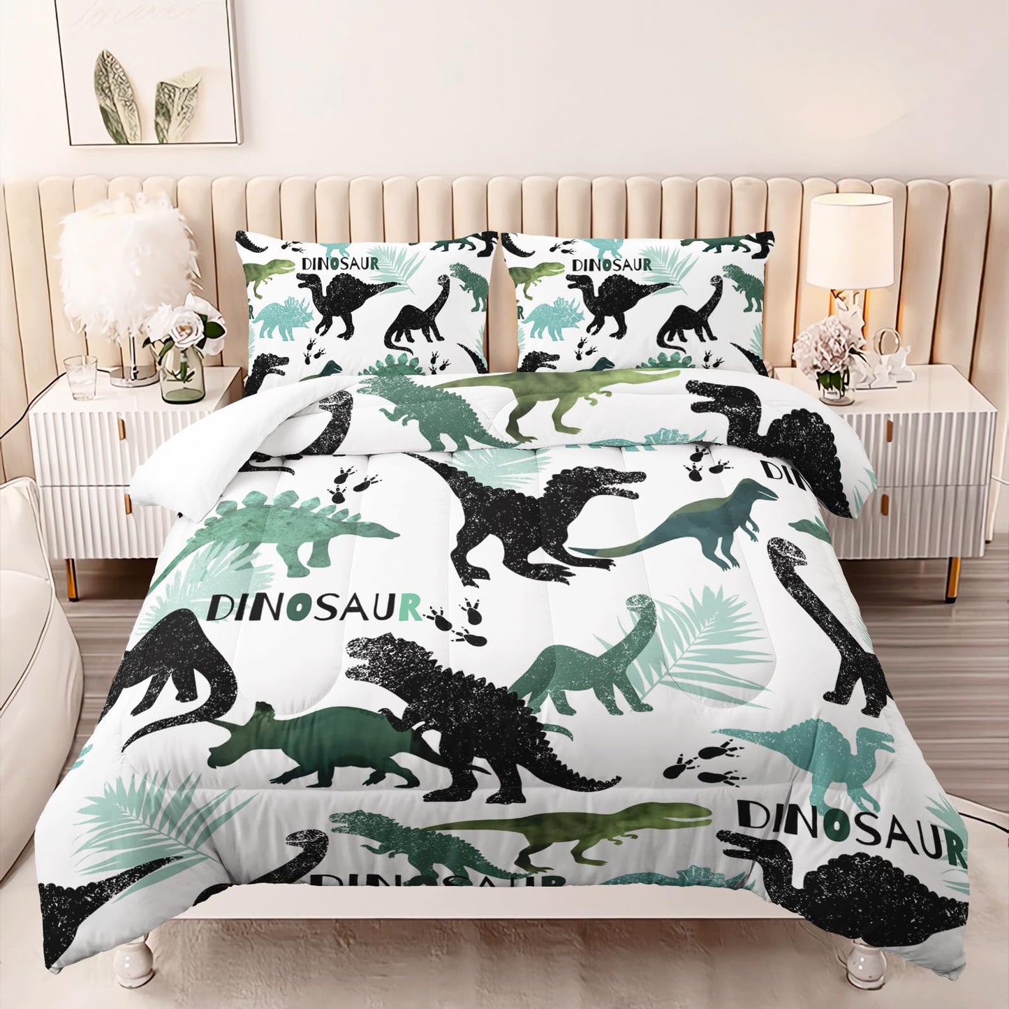 AILONEN Dinosaur Twin Kids Bedding Set,Black and Green Dinosaur Comforter Set All Season,Tropic Leaves and Roaring Dinosaur Silhouette Printed Soft Comforter with 2 Pillowcases for Boys