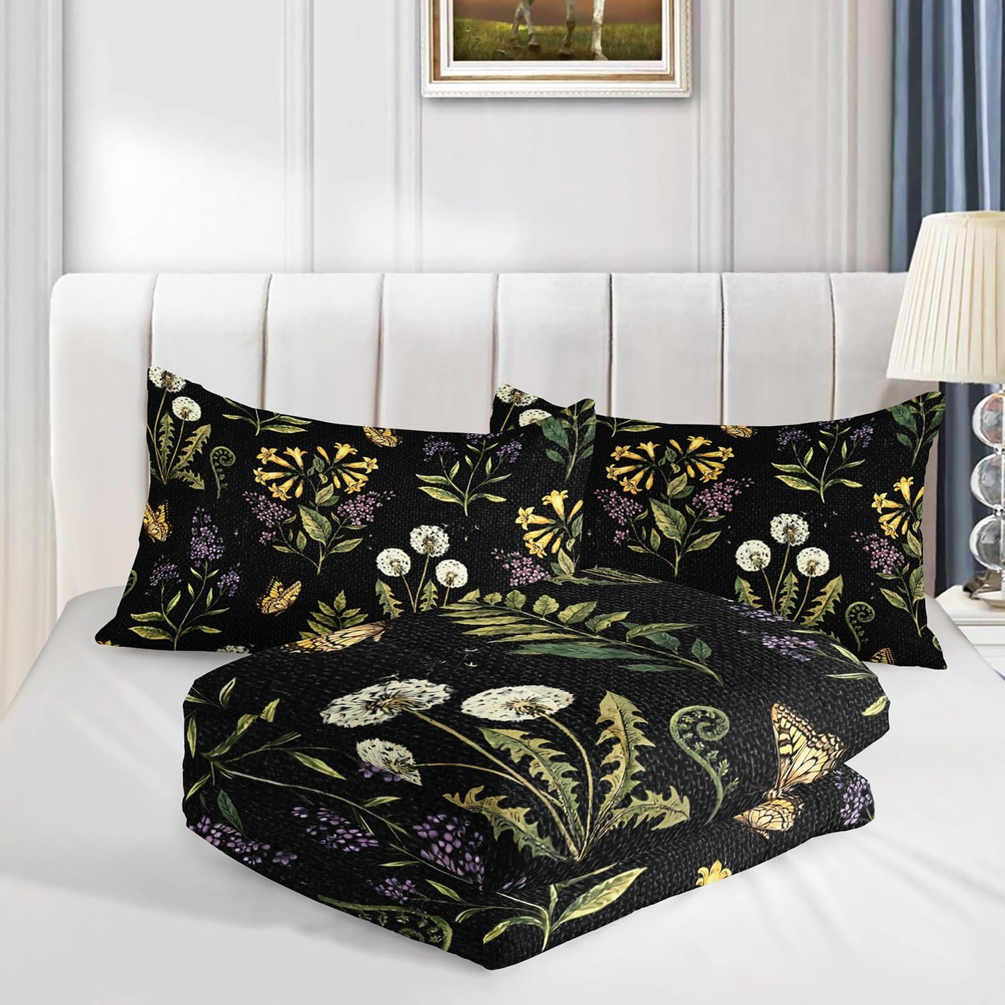 AILONEN Wildflower Meadow Full Comforter Set 3 Piece, Dark Floral Bedding, Yellow Blossom Lavender Leaf Print, Teen Apartment, 2 Pillowcases