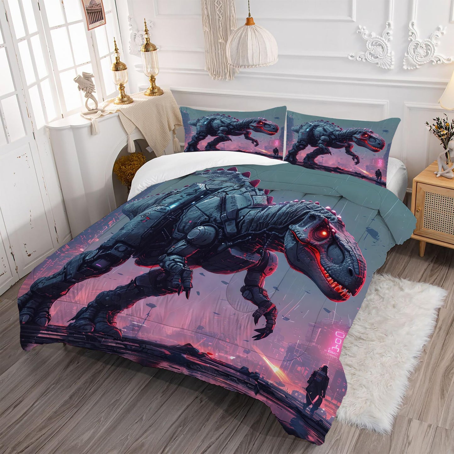 VTKON Kids Dinosaur Comforter Set Full Size Dino Bedding Set for Kids Teens 3D Printed Neon Dino Comforter Sets 3 Pcs Soft Microfiber Boys Bedroom Decor