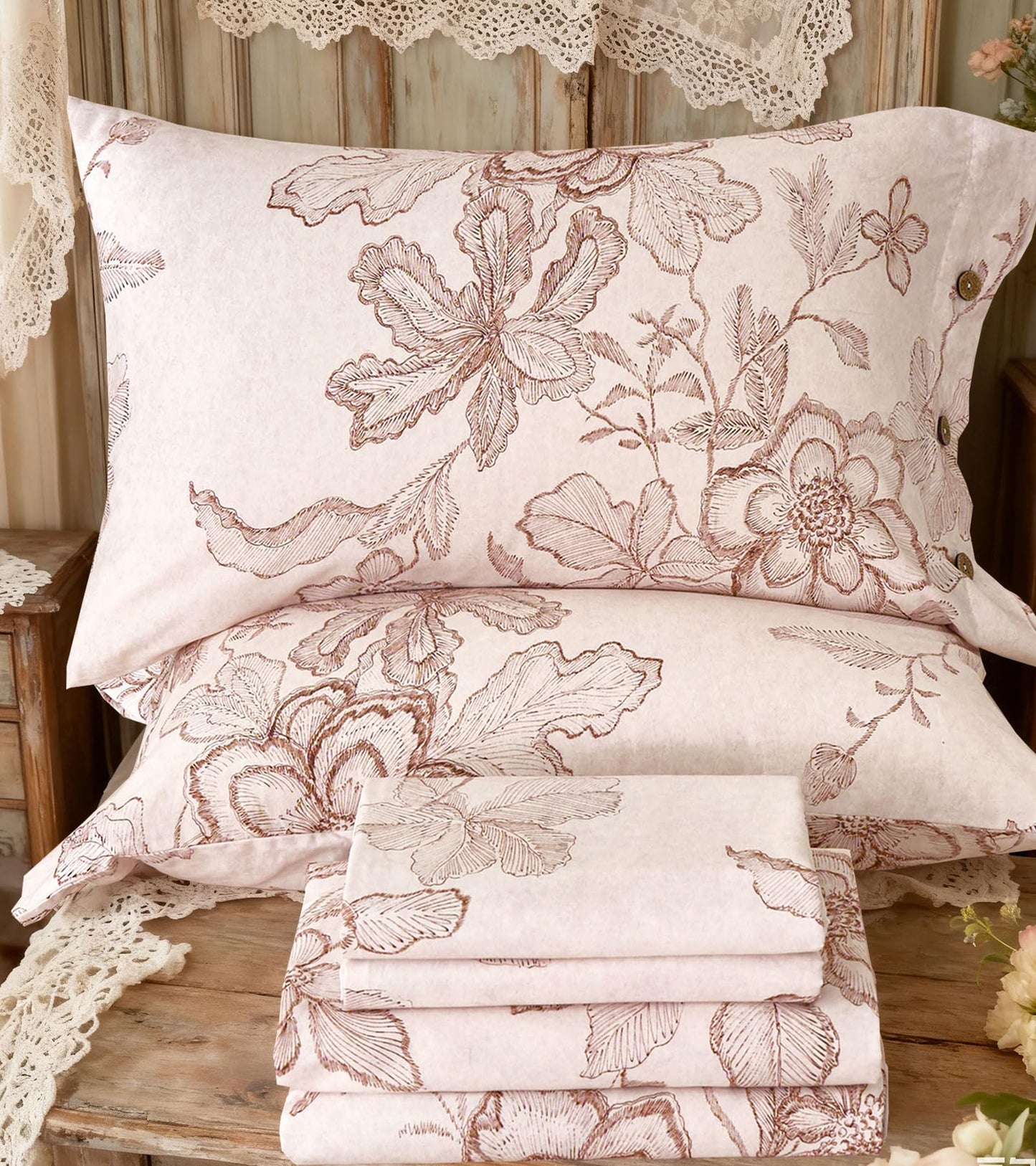 Zusbest Queen Sheet Set Pink Floral Sheet Set 400TC 100% Double Brushed Cotton Flannel-Like Warm Luxury Bed Sheets 4Pcs, Button Closure Extra Soft Breathable Vintage Toile Printed Deep Pocket 17‘’