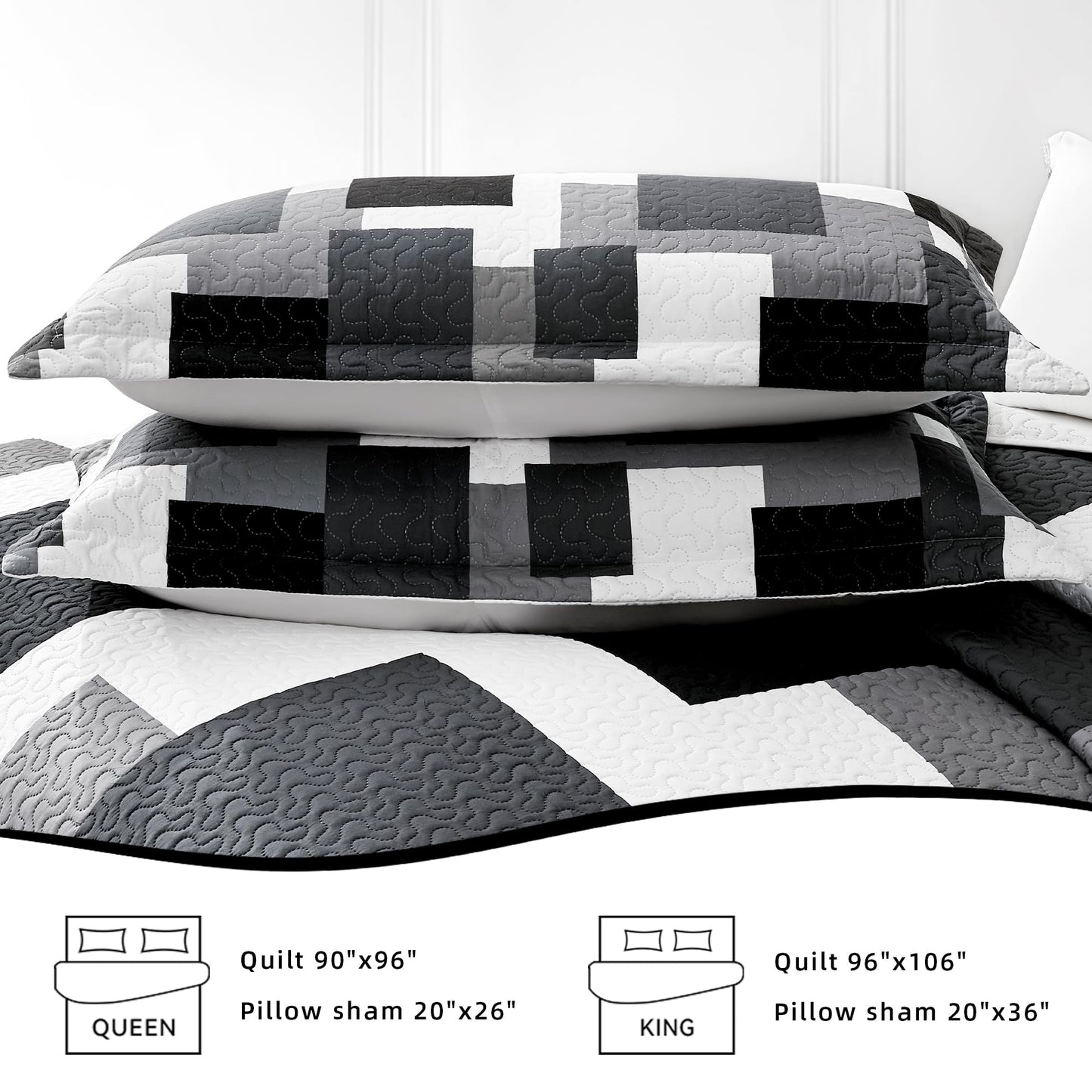 Tyrot 3 Piece Black Grey Quilt Set Full/Queen Size Black White Geometric Reversible Bedding Set Microfiber Lightweight Bedspread Coverlet with 2 Shams Modern Bed Covers for All Season, 90''x96''