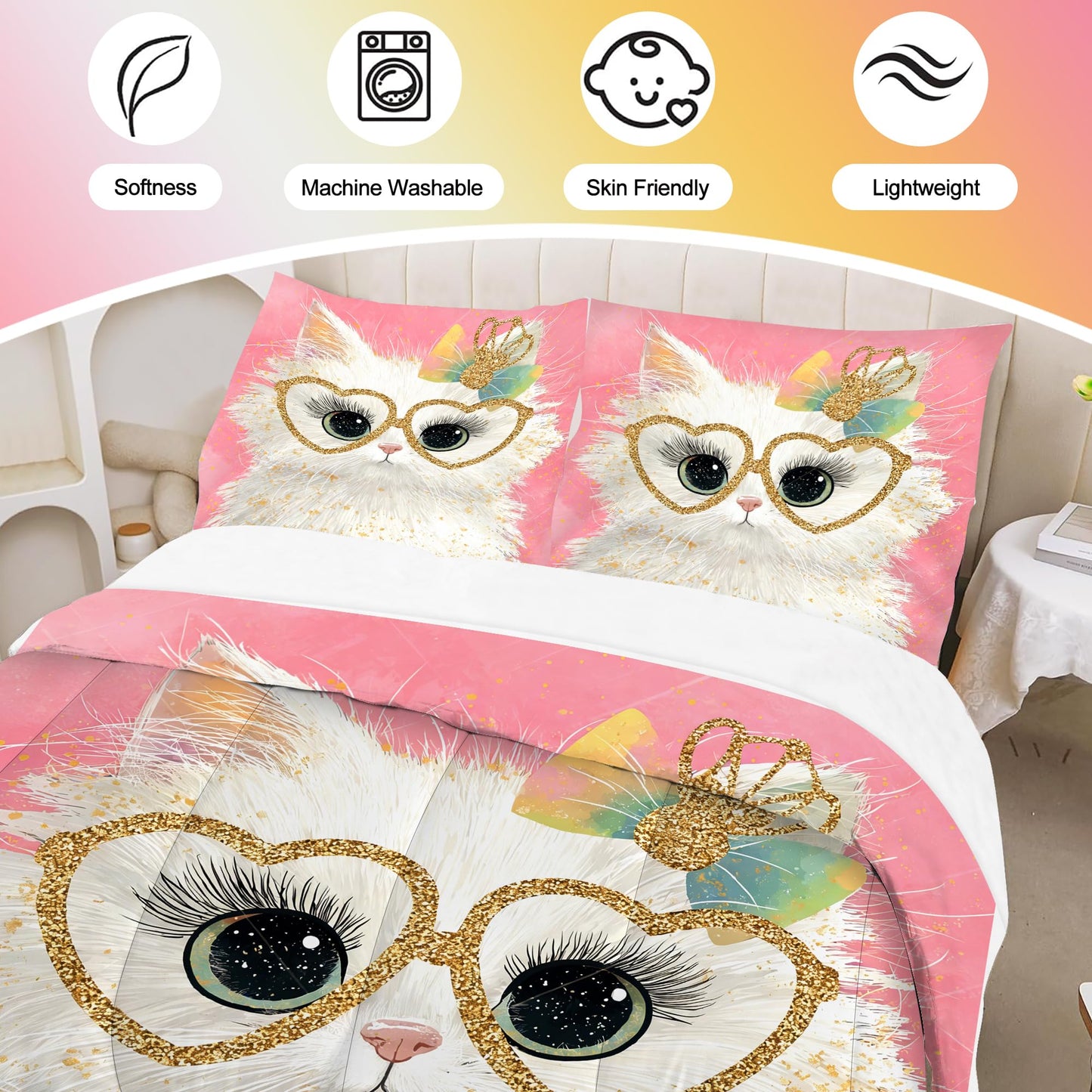 VTKON Cute White Cat Bedding Set Twin Size Pink Glitter Heart Glasses & Rainbow Bow Comforter Set Kawaii Cat Print Bed Set for Girls Bedroom Kitten Toddler Quilt Set with 1 Comforter + 1 Pillowcase