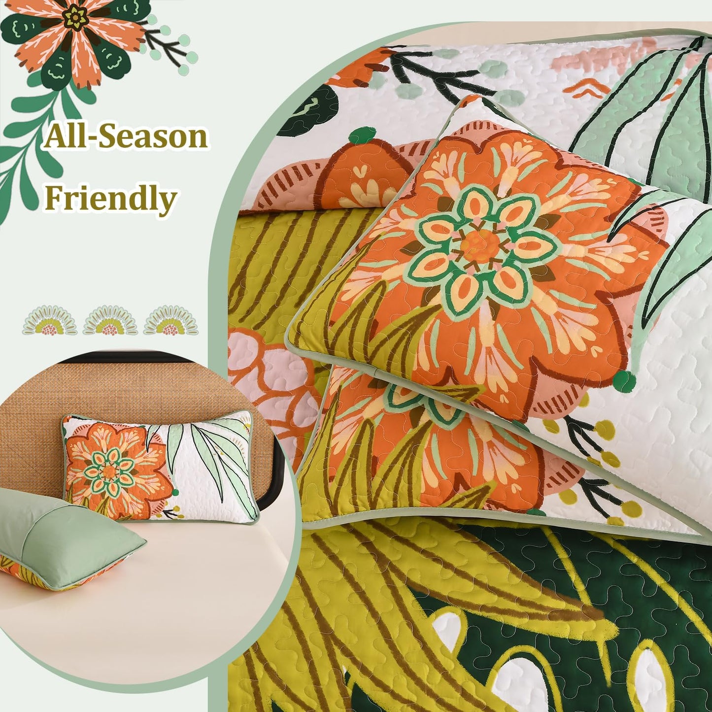 DJY Boho Floral Quilt Set Queen Size 3 Piece Green Bedspread, Botanical Farmhouse Quilt Bedding Set Reversible Soft Microfiber Bohemian Coverlet for All Season, 90''x96''