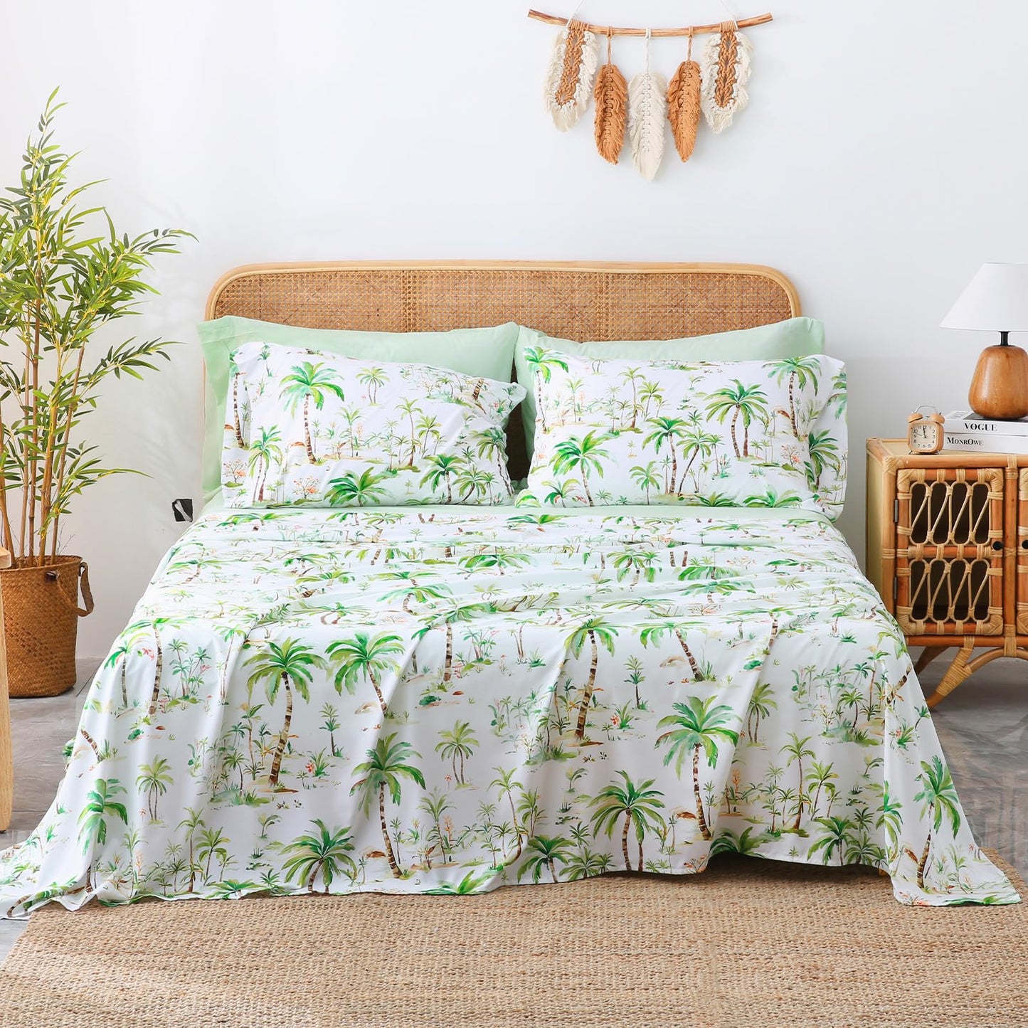 LONAVA Tropical Queen Size 6 Pcs Sheet Set, Breathable Microfiber Deep Pocket Sage Green Fitted Sheets, Comfy & Breathable Patterned Flat Sheets,4 Gentle Soft Pillowcases, Summer Tree