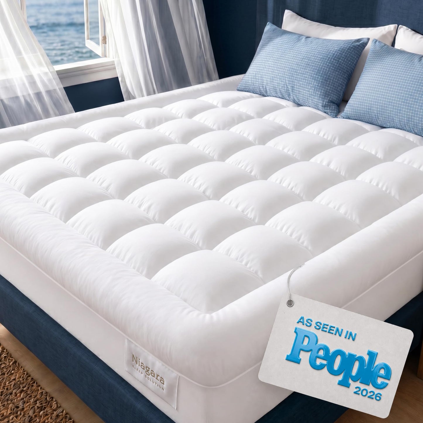 Niagara Sleep Solution Cloud-Like Queen Mattress Topper - 100% Cotton Top Mattress Pad for Back Pain Relief - Breathable & Naturally Cooling for Hot Sleepers, White