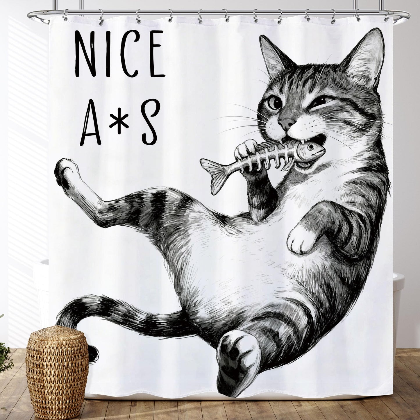 Opeoddie Cute Cat Shower Curtain Fun Animal Boys Kids Shower Curtains Sets for Bathroom Cats Fish Whimsical Ridiculous Black and White Bath Curtain Kitten Teen Funny Bathroom Decor 60x72 Inch
