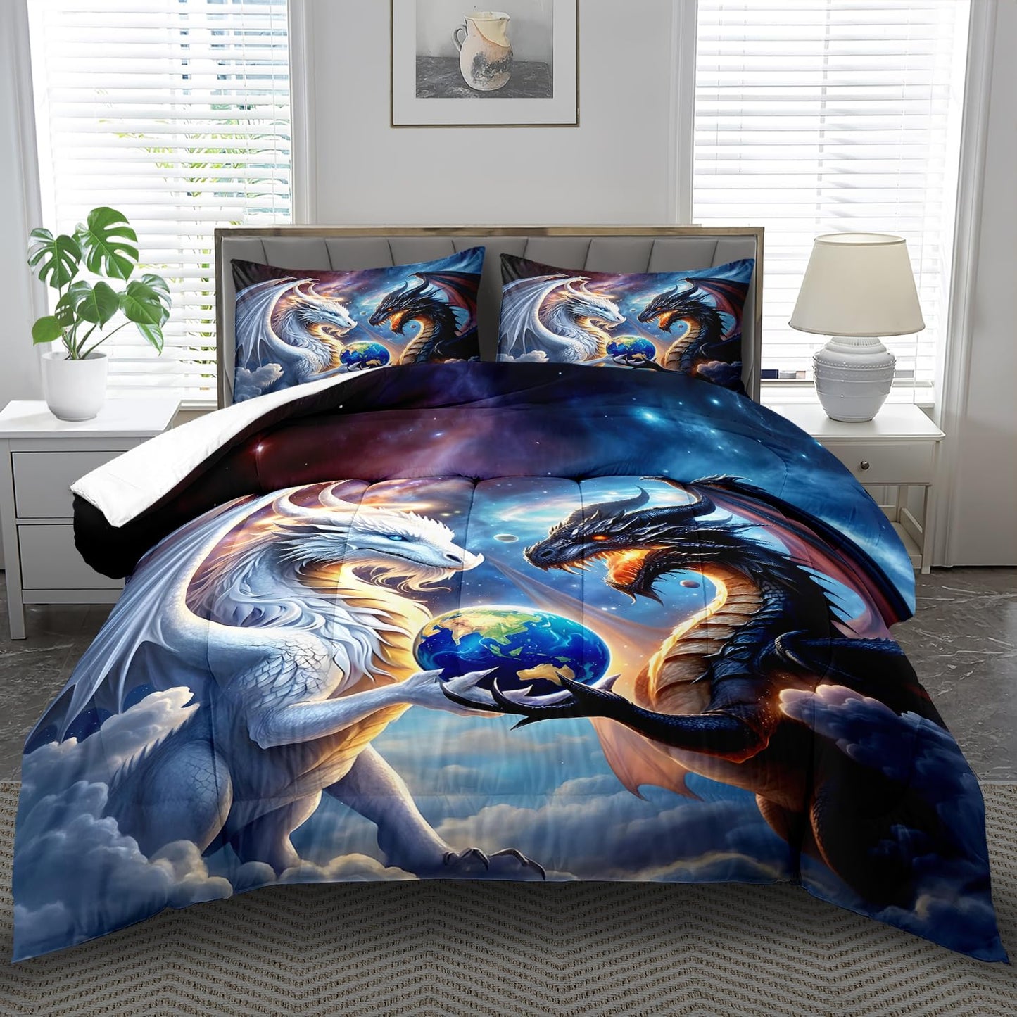 llyxsesty Black White Dragon Comforter Set King Boys Flame Ancient Mysterious Creatures Fantasy Dragon Bedding Set Boys GirlsWhite and Black Comforter King Size Animals Quilt Room Decor
