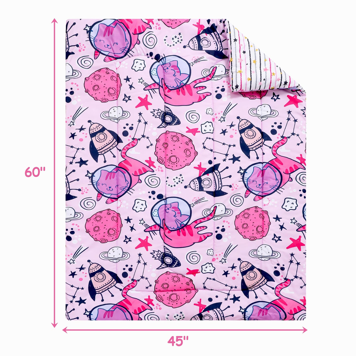 Mooreeke 4 Pieces Toddler Bedding Set - Pink Cute Space Cat Toddler Comforter Sets for Girls, Includes Comforter, Flat Sheet, Fitted Sheet and Pillowcase, Bed in A Bag for Baby Bedroom
