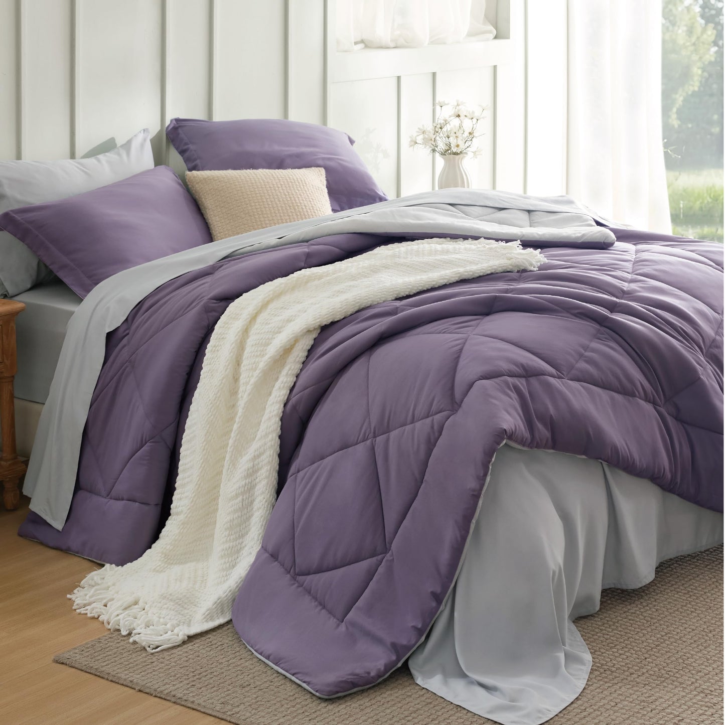 Bedsure Twin XL Comforter - 5 Pieces Reversible Grayish Purple Bed in a Bag, Twin XL Bedding Comforter Set College Dorm Essentials with 1 Flat Sheet, 1 Fitted Sheet, 1 Pillowcase and 1 Pillow Sham