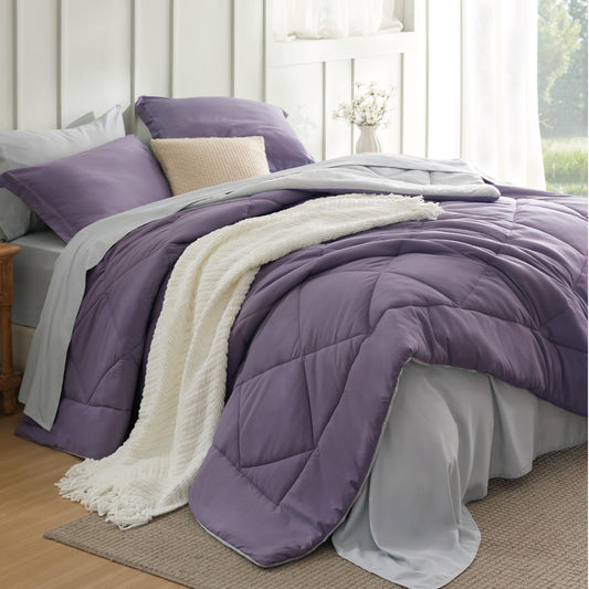 Bedsure Twin XL Comforter - 5 Pieces Reversible Grayish Purple Bed in a Bag, Twin XL Bedding Comforter Set College Dorm Essentials with 1 Flat Sheet, 1 Fitted Sheet, 1 Pillowcase and 1 Pillow Sham