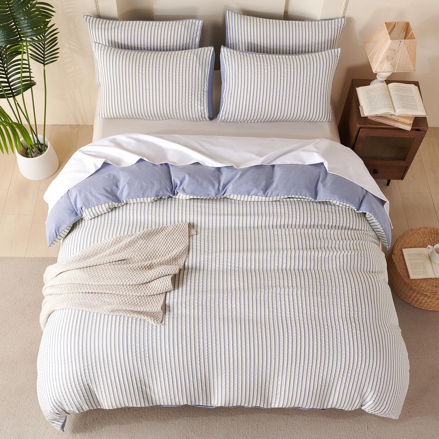 BUPIRD Comforter Set Queen Striped Blue 100% Soft Washed Microfiber Jacquard 3 Pieces Striped Bedding Sets Blue White Comforter for All Seasons and 2 Pillowcases Comfort Breathable