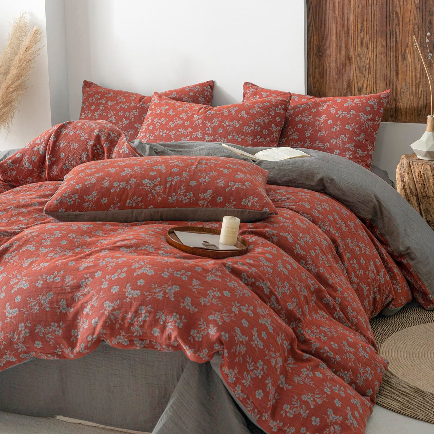 VM VOUGEMARKET Linen Cotton Duvet Cover Set Queen Size,Rust Red Floral Print, Double Layer Gauze, Soft Breathable Bedding Set with Zipper Closure, 3 Pieces (1 Duvet Cover + 2 Pillow Shams)