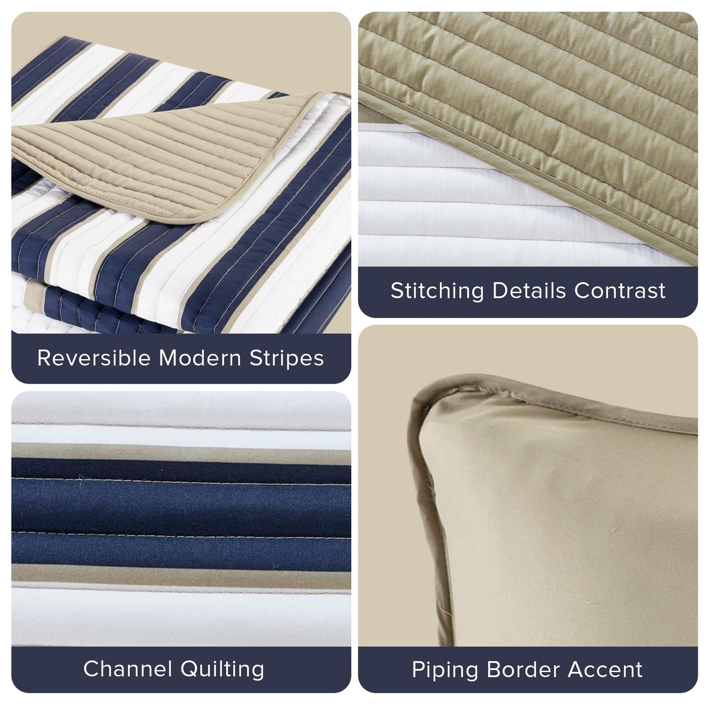 Comfort Spaces Quilt Set Trendy Casual Fun, Vibrant Color Design, Hypoallergenic All Season, Lightweight Coverlet Bedspread Cozy Kids Bedding & Sham Full/Queen Verone White Blue Stripe 3 Piece