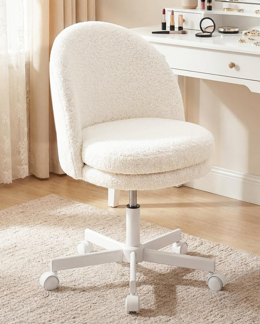 GTPOFFICE Vanity Chair with Back, Adjustable Tall Office Chair High Swivel Bar Stools Fluffy Cute Desk Chair Comfy with Wheels Bow Pillow Armlees for Adults Standing Desk Bar, Teddy Velvet, Cream