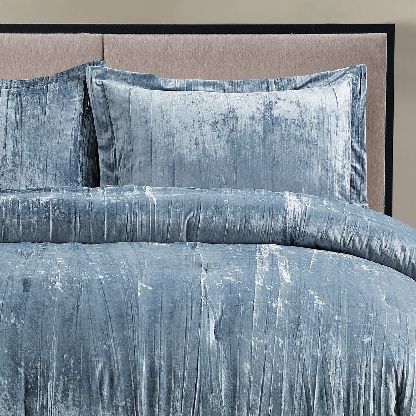 Fredsure Crinkle Velvet Comforter Set, 3 Pieces Blue Queen, Crinkle Velvet Face and Brushed Microfiber Reverse, with Light Poly Fill