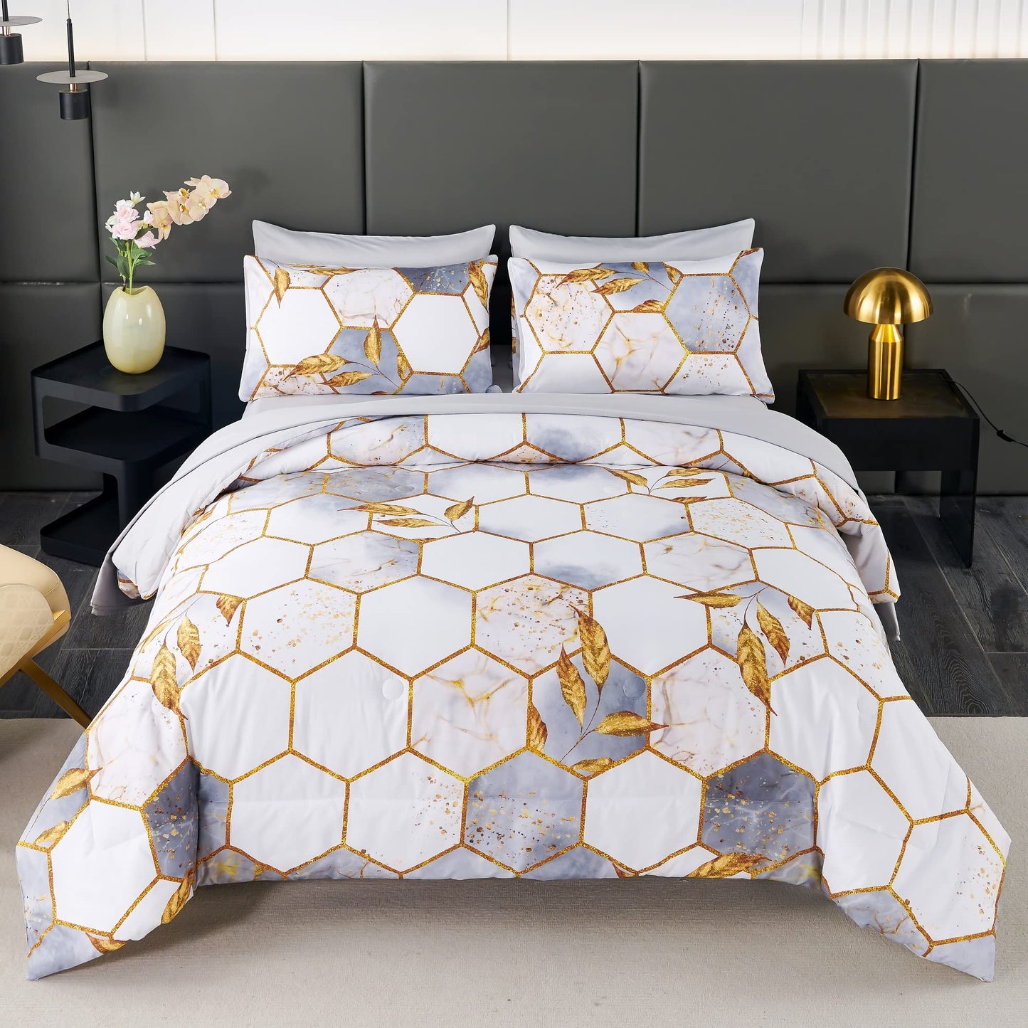 ANGIYUIN 7 Pieces White Gold Comforter Set Full Geometric Foil Print Bed Set Marble Hexagon Bedding Sets Ultra Soft Honeycomb Bed in A Bag for All Season (White Full)