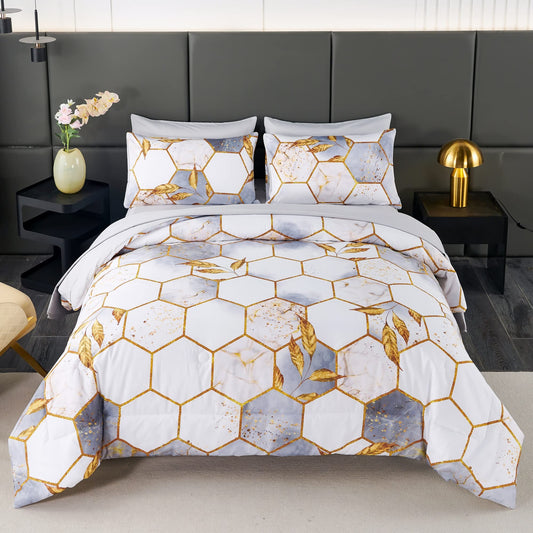 ANGIYUIN 7 Pieces White Gold Comforter Set Full Geometric Foil Print Bed Set Marble Hexagon Bedding Sets Ultra Soft Honeycomb Bed in A Bag for All Season (White Full)
