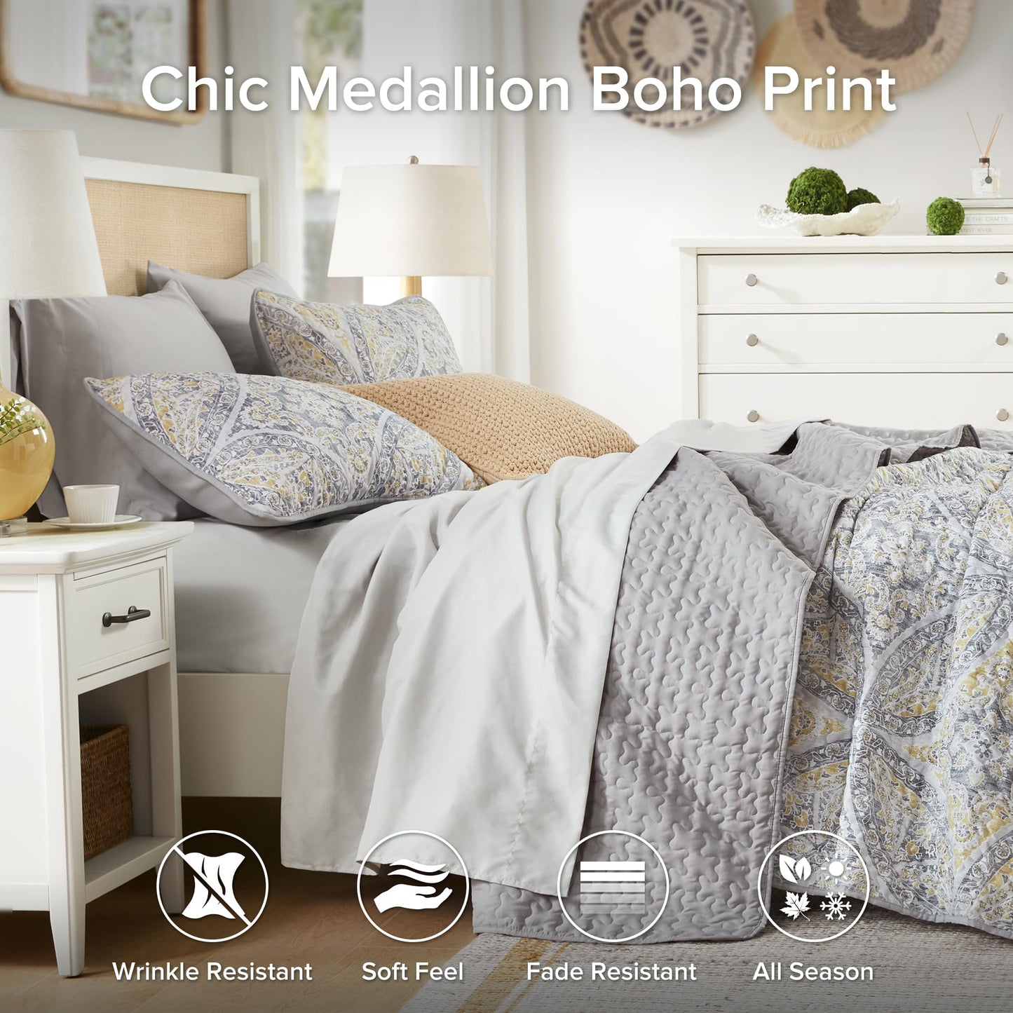 Comfort Spaces Boho Quilt Set Queen Reversible Vermicelli Quilting Queen Size Bed, All Season, Lightweight, Coverlet Winter Layer Bedding, Shams, Gloria, Full/Queen Grey/Yellow 3 Piece