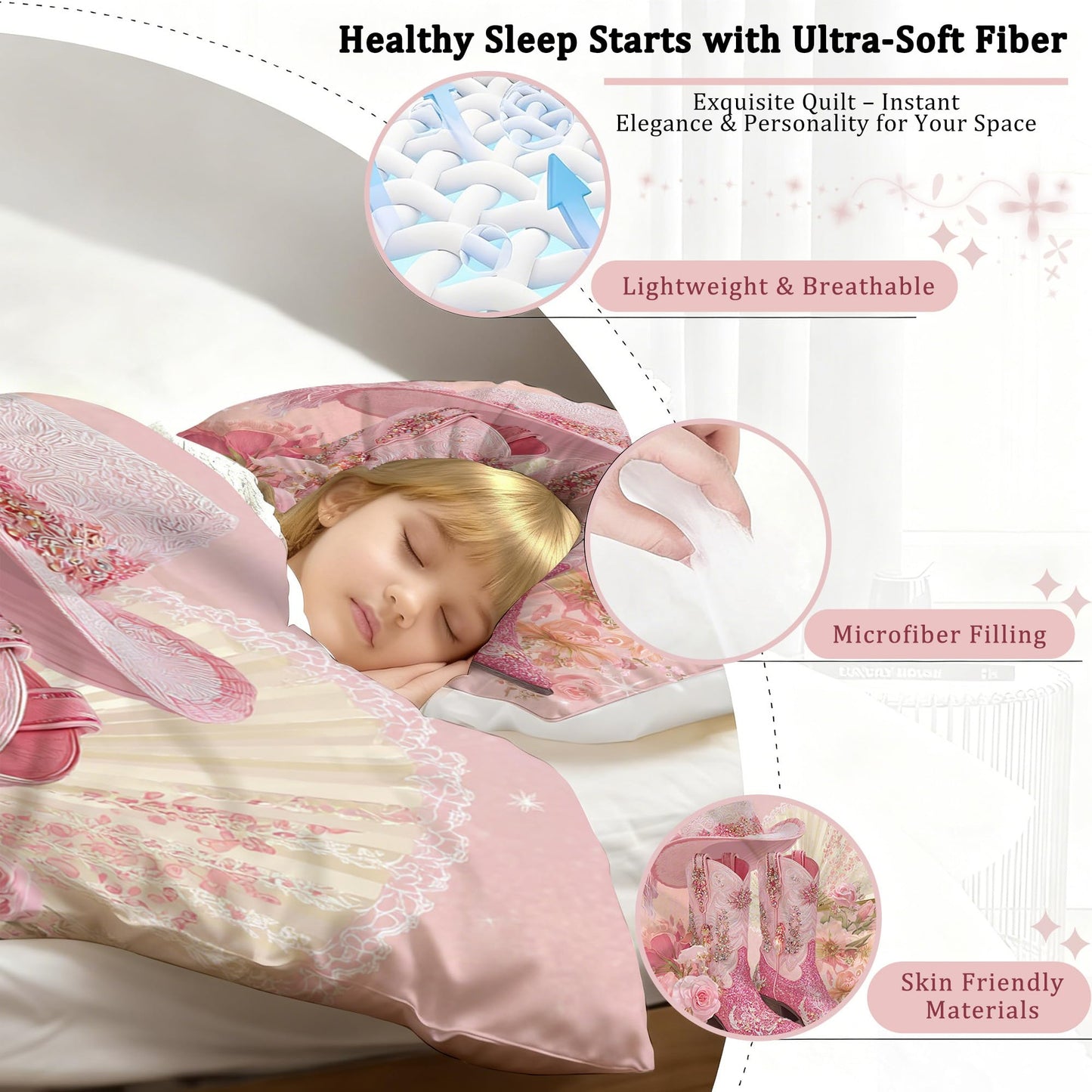 VTKON Pink Cowgirl Bedding Set Twin Size Western Cowgirl Comforter Set Girly Luxury Floral Lace Fan Print Bed Set Light Pink Flower Sweet Western Style Quilt Set with 1 Comforter + 1 Pillowcase
