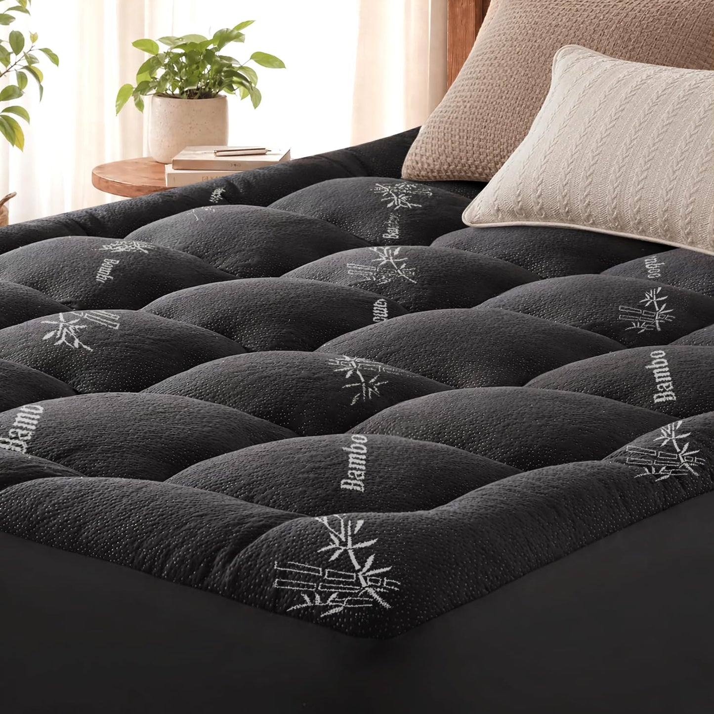 Queen Mattress Topper Viscose Derived from Bamboo, Cooling Thick Pillow Top Mattress Pad with Deep Pocket for 8"-21" Mattress, Soft Breathable Mattress Topper for Back Pain Relief, Black