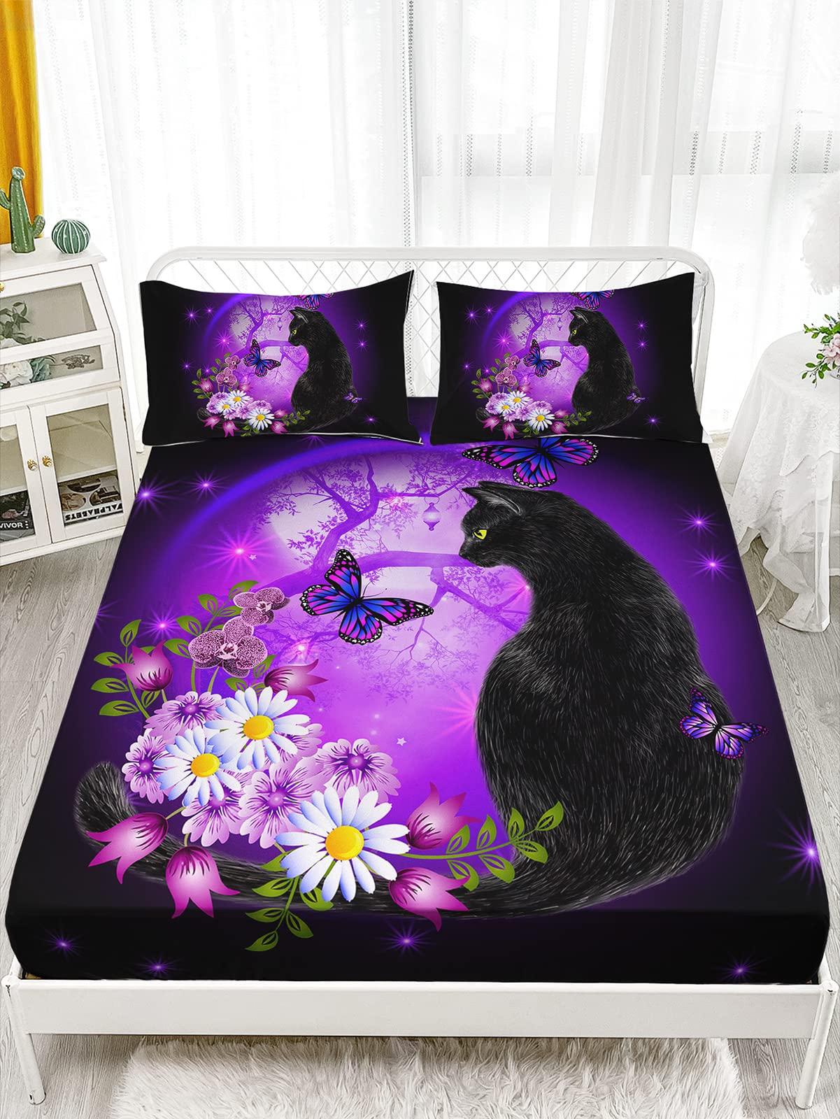 Axolotl Black Cat Bedding Cartoon Cat Sheet Set Twin,Daisy Butterflies Printed Kids Bedding Set for Kids Boys Girls Adults Room Decor,Purple Sky Sheets Set,1 Fitted Sheet 1 Flat Sheet 2 Pillowcases