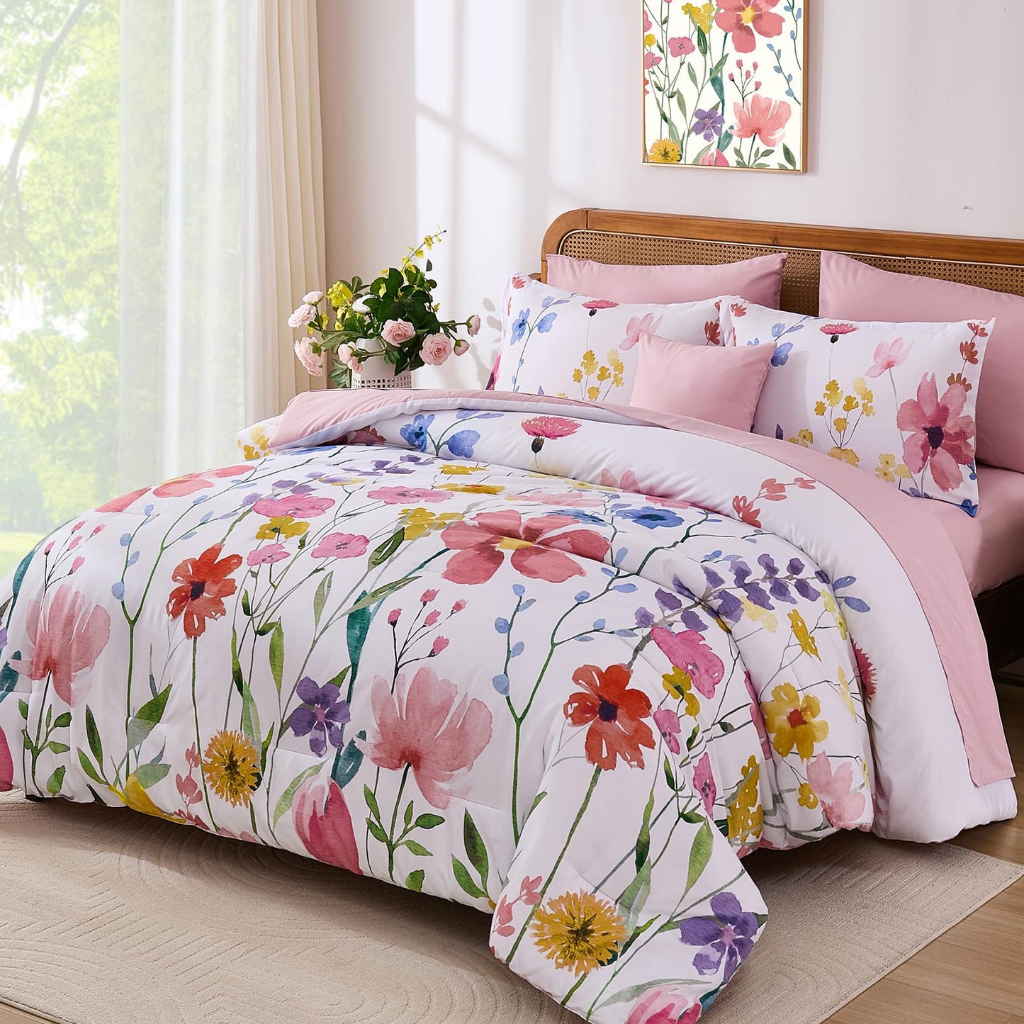 Annibedding Pink Floral Queen Comforter Set, 8 Piece Soft Microfiber Flower Bed in a Bag Bedding Set with Pillowcase and Sheets for All Season (90"x90")