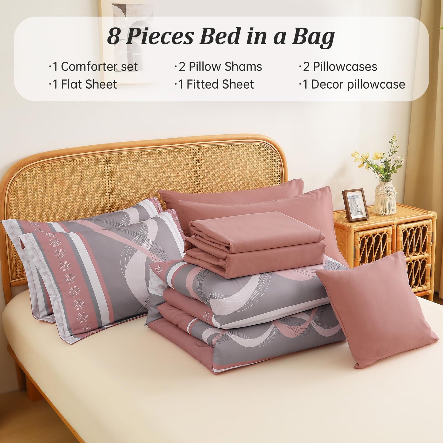 Anibedding Comforter Set King Size,8 Pieces Pink Boho Bed in a Bag Patchwork Striped Comforter Set, Soft Microfiber Bedding Set for All Season(104"×90")