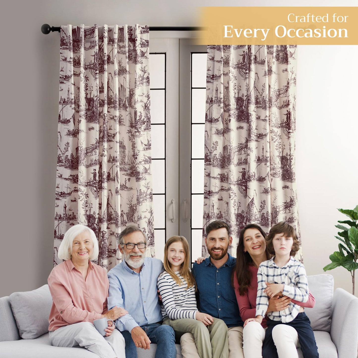 Maison d' Hermine Curtains for Living Room 100% Cotton 96 inch Length One Panel Light Filtering Toile Curtains for Bedroom Windows with Rod and Loop Pockets Drapes (Calais Charcoal, 50" W x 96" L)