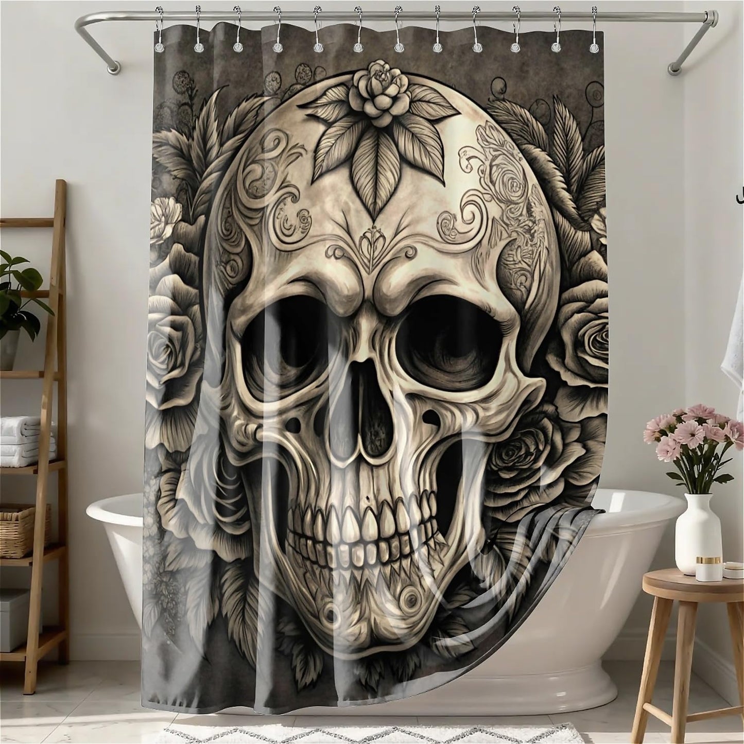 TANGXUNFA Flowers-Skull-1 Shower Curtain for Bathroom, Water-Resistant Long Shower Curtain Set 72x72 Inch with Metal Grommets and 12 Metal Hooks