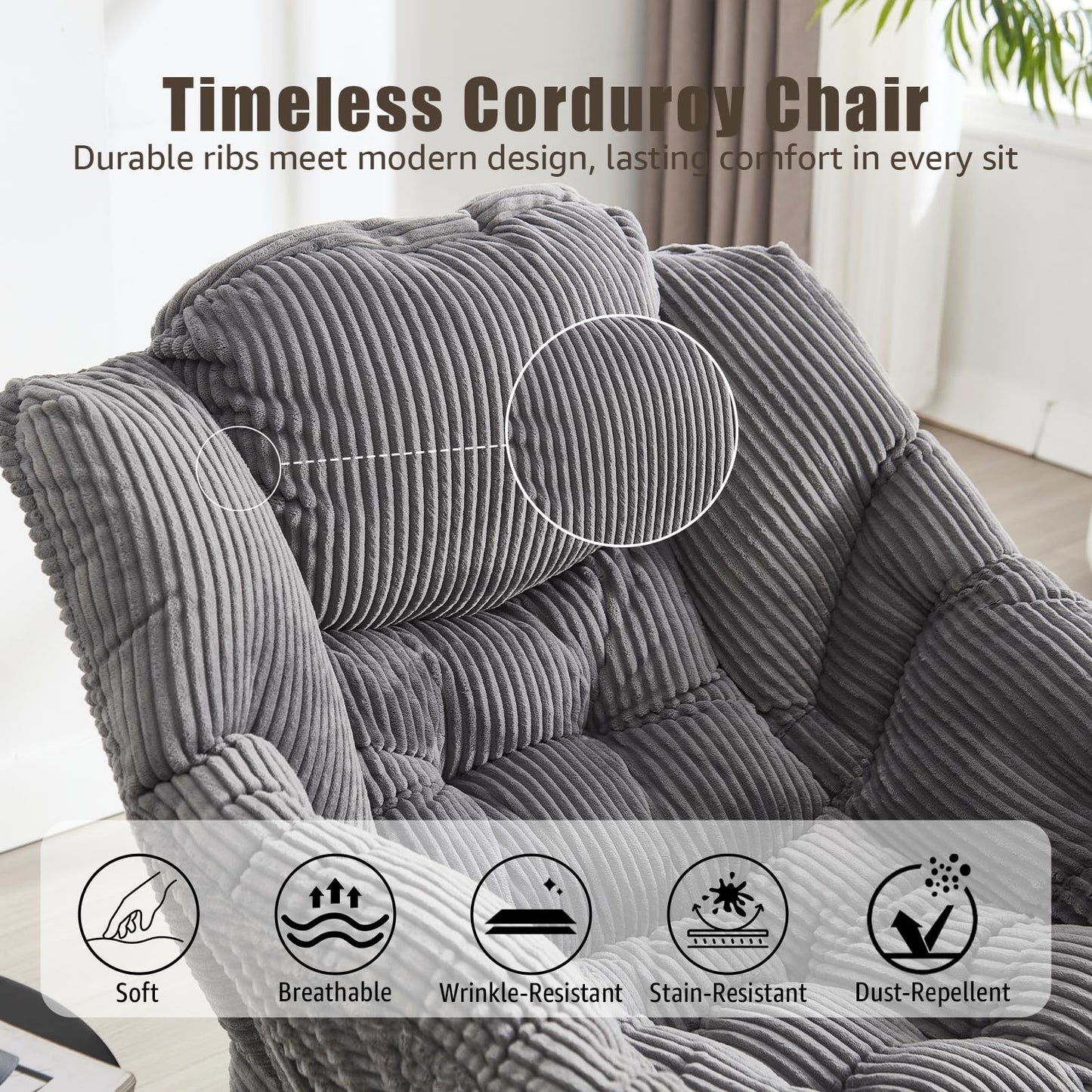 XUOXFUTZIG Lazy Chair with Ottoman, Oversized Comfy Accent Chair, 400LBS Heavy Duty Metal Frame, Thick Cushion Corduroy Lounge Chair for Living Room Bedroom Reading, Dark Gray