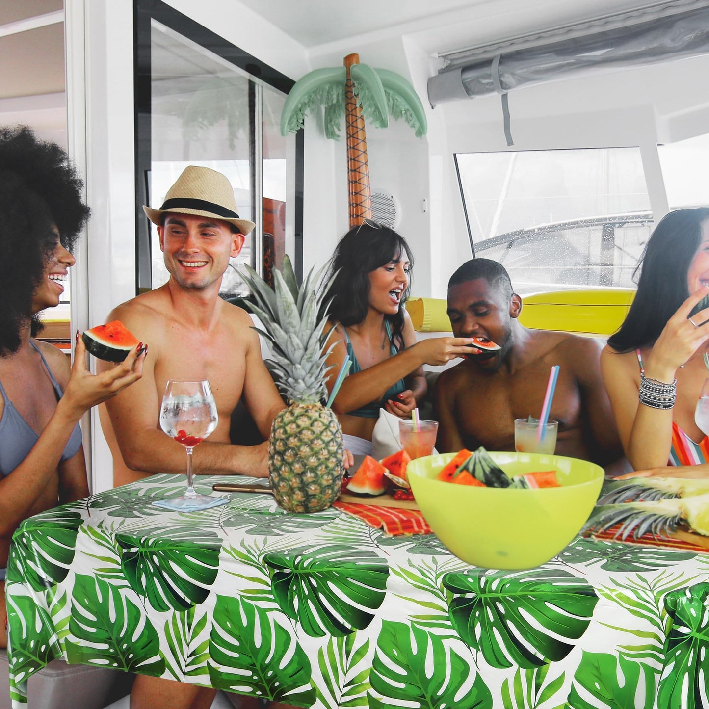 Kochorie 100 Ft x 54 Inch Palm Leaves Tablecloth Roll with Cutting Box Hawaiian Luau Tablecloths Disposable Aloha Tropical Table Cover Backdrop for Hawaii Birthday Summer Beach Tropical Party Supplies