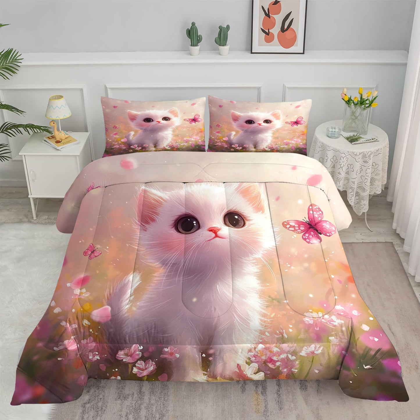 EDGZKO Pink Cat Comforter Set: Full Size Cute Kitten Floral Bedding Sets Kawaii Cartoon Cat Butterfly Flower Quilt for Kids Girls Teens Women Soft Bed Set 1 Comforter & 2 Pillowcases