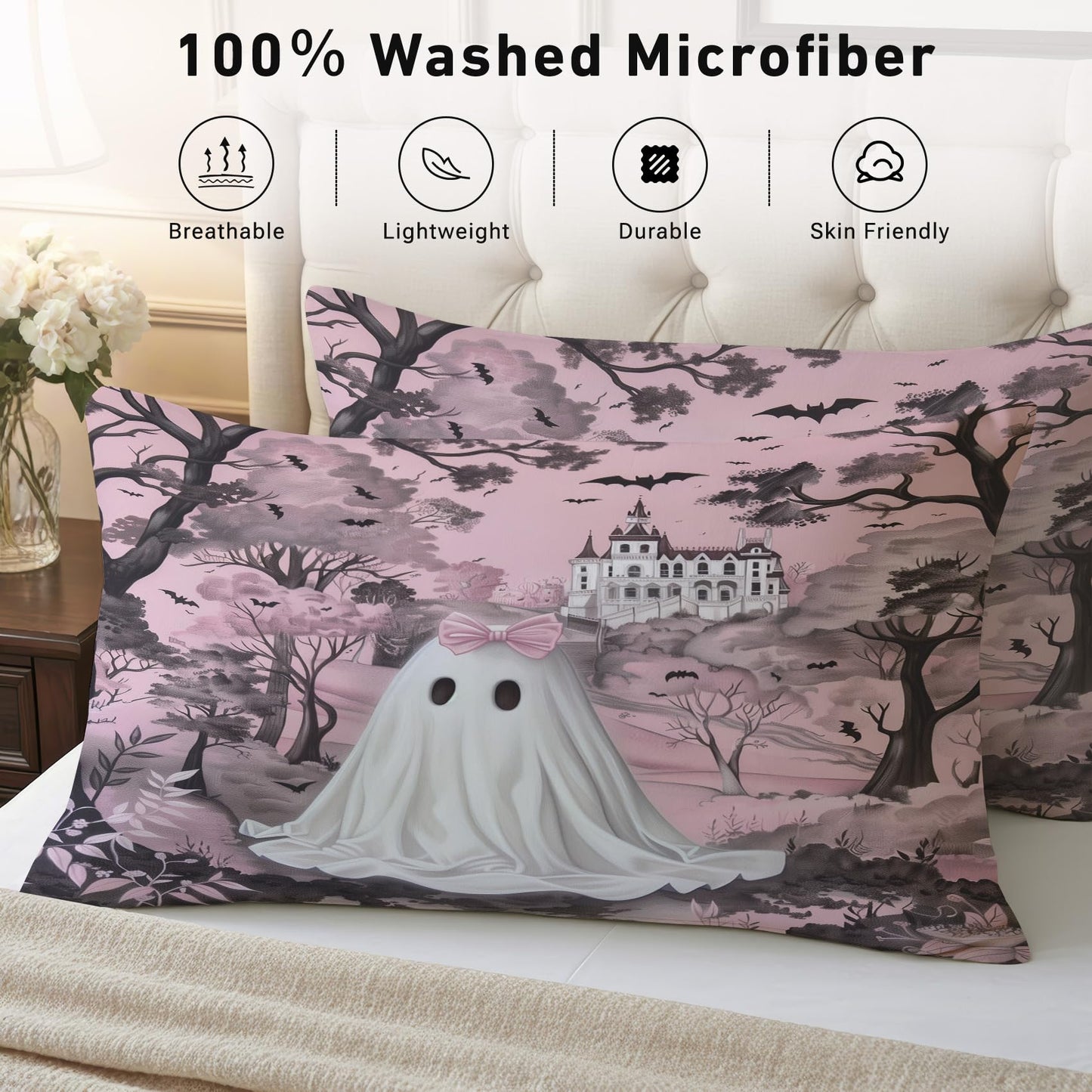 Pink Ghost Sheets Twin Size - Cute Halloween Gothic Spooky Bed Sheet Set - Deep Pocket Soft Microfiber Bedding Set 3 Piece - Fitted Flat Sheet Pillowcase - Pink Ghost Bedroom Decor & Gifts