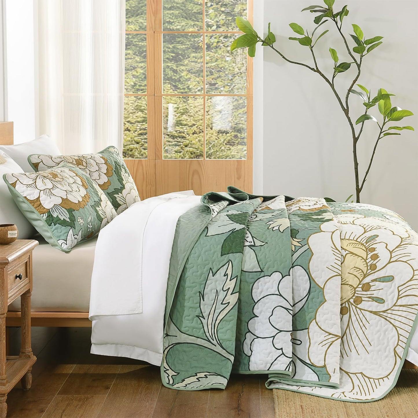 DJY Sage Green Quilt Set Queen Size 3 Pieces Floral Boho Bedspread Coverlet Set, Lightweight Microfiber Farmhouse Floral Quilted Bedding Set Reversible Bed Cover for All Season, 96''x90''