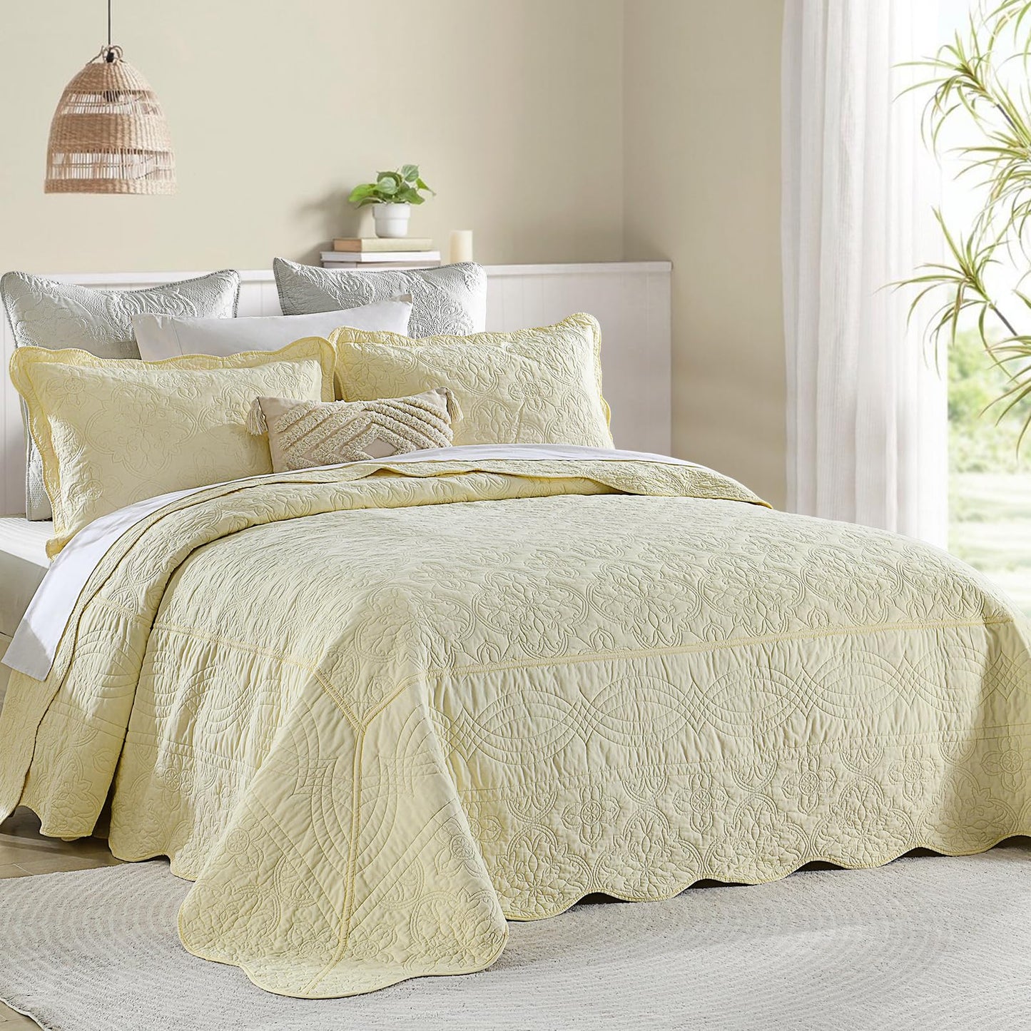 Finlonte Oversized Queen Bedspread 120"x102" - 100% Cotton Floral Embroidery Quilted Bedspread, Solid Cream Bedspread Coverlet Set, Lightweight Soft Extra Large Queen Quilt with 2 Pillowshams