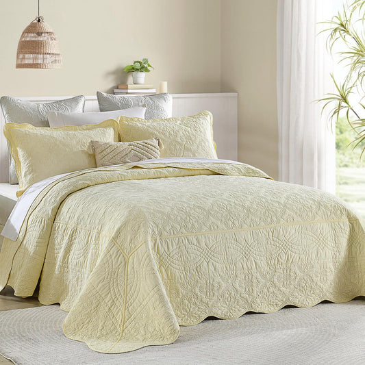 Finlonte Oversized Queen Bedspread 120"x102" - 100% Cotton Floral Embroidery Quilted Bedspread, Solid Cream Bedspread Coverlet Set, Lightweight Soft Extra Large Queen Quilt with 2 Pillowshams
