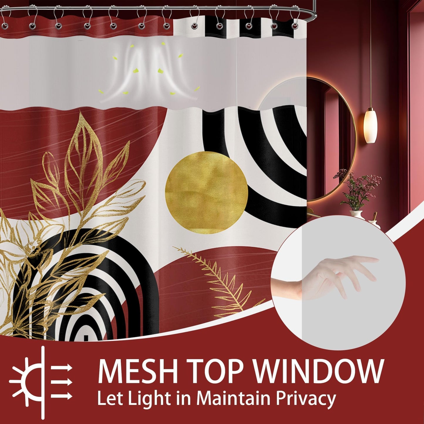 Bxpaitx Black and Red Boho See Through Mesh Top Shower Curtain with Window, Dark Red Mid Century Modern Mens Double Layer Shower Curtains with Snap in Liner, Waterproof Fabric with Hooks, 71x72 in
