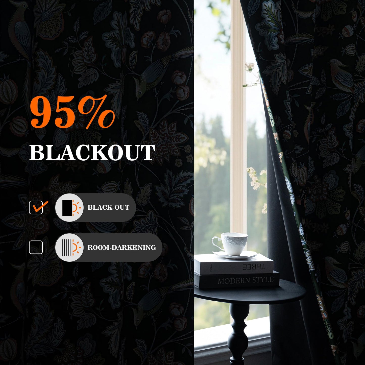 MYSKY HOME Green Boho Floral Blackout Living Room Curtains 84 inch Long Thermal Insulated Room Darkening Noise Reduce Cottage Curtains with Flower Bird Patterned Grommet Drapes, 2 Pcs, 52" Wide,