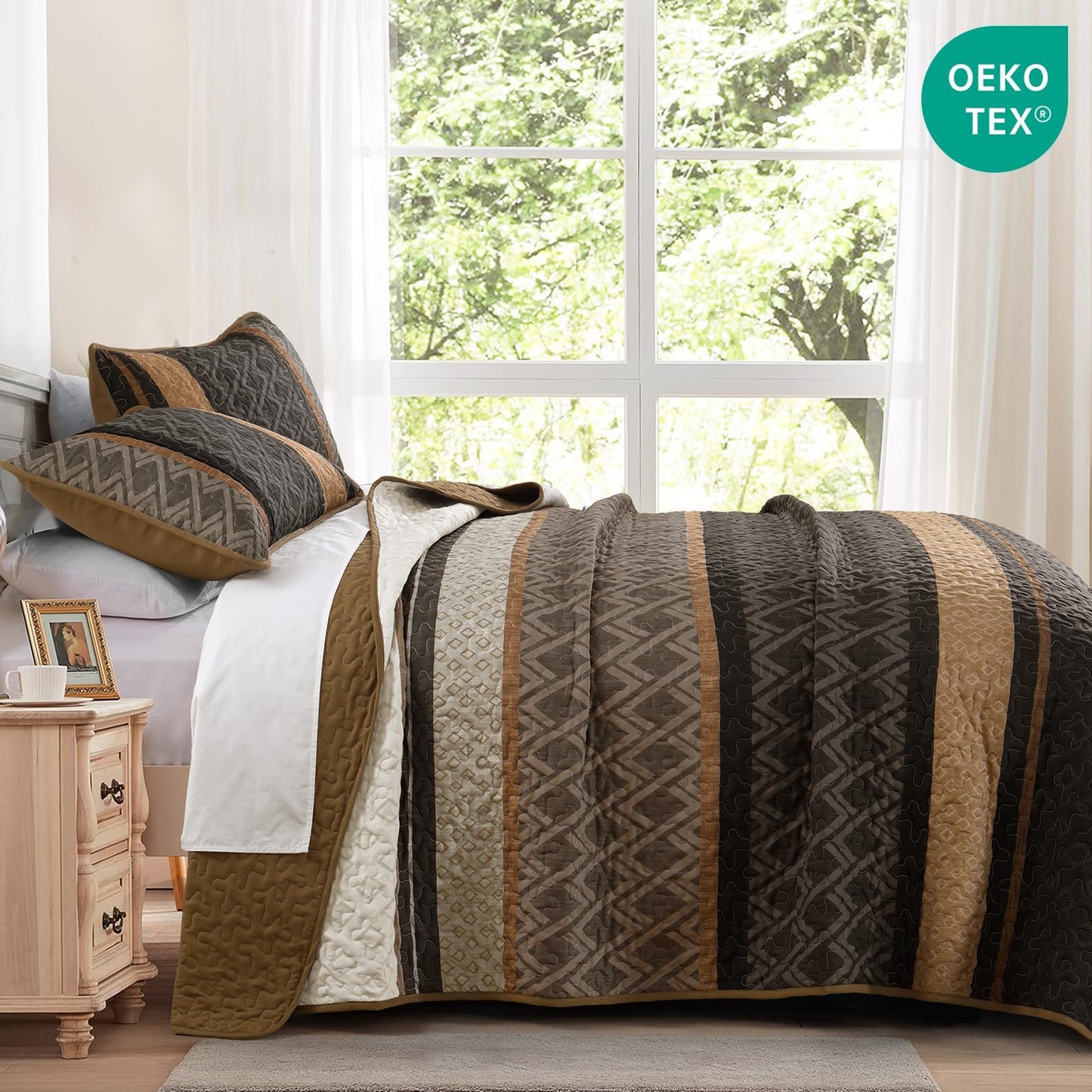 Dinjoy Queen Quilt Set Brown,Striped Bedspread Queen Size, Fall Bedding Sets 3 Pieces Micofiber Lightweight Quilts with 2 Pillow Shams Coverlet Bed Sets for Women Men 96''x90''