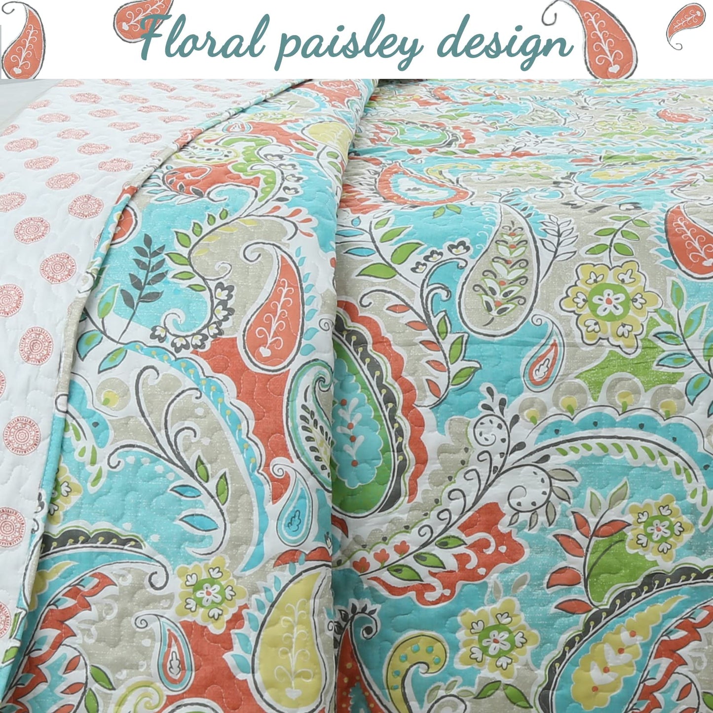 Cozy Line Home Fashions Turquoise Blue Coral Floral Leaf Reversible Quilt Bedding Set, Coverlet Bedspread Lightweight for All Seasons (Mirage Paisley, King - 3 Piece)