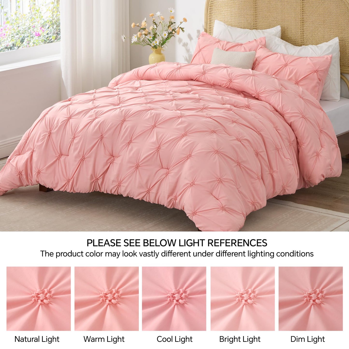 BEDELITE Pink Queen Comforter Set - 3 Pieces Boho Pintuck Bedding Comforter Sets, Lightweight Soft & Warm Bed Comforter with 2 Pillowcases for All Season,Valentines Day