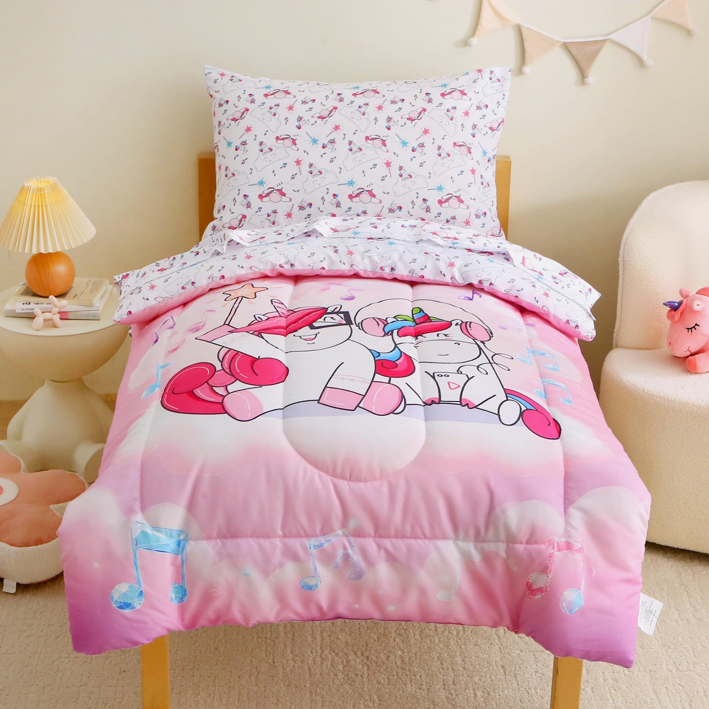 Mooreeke 4 Pieces Toddler Bedding Set - Pink Purple Music Unicorn Toddler Comforter Sets for Girls, Includes Comforter, Flat Sheet, Fitted Sheet and Pillowcase, Bed in A Bag for Baby Bedroom