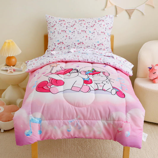 Mooreeke 4 Pieces Toddler Bedding Set - Pink Purple Music Unicorn Toddler Comforter Sets for Girls, Includes Comforter, Flat Sheet, Fitted Sheet and Pillowcase, Bed in A Bag for Baby Bedroom