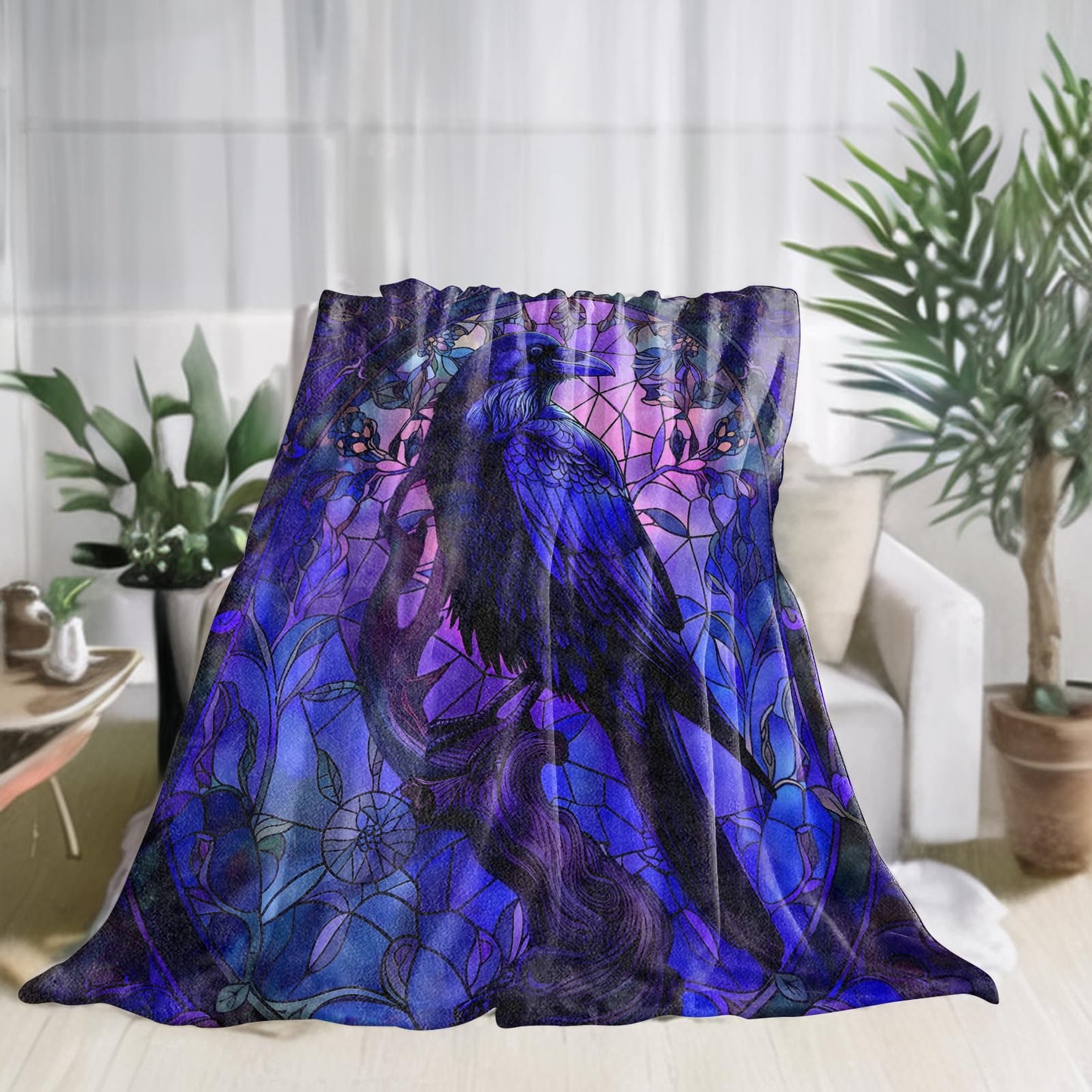 zbezbe Gothic Blue Raven Flannel Blanket Stained Glass Mysterious Purple Floral Throw Blankets Lightweight Soft for Party Chair Bed Sofa Camping Travel,Home Goth Decor,Gifts Women,50x60in